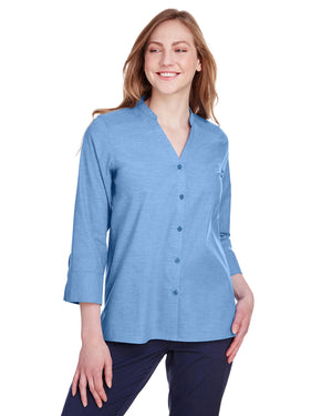 Ladies' Crown Collection® Stretch Pinpoint Chambray Three-Quarter Sleeve Blouse - French Blue