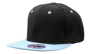 6 Panel American-T Flat Peak 2 Tone Cap - Custom Embroidered - Black With Sky Blue