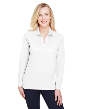 CrownLux Performance® Ladies' Plaited Long Sleeve Polo - White