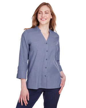 Ladies' Crown Collection® Stretch Pinpoint Chambray Three-Quarter Sleeve Blouse - Navy