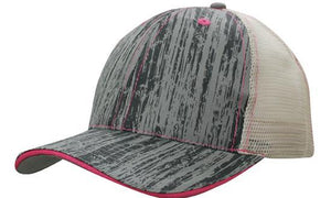 6 Panel Woodprint Poly Twill Mesh Cap - Custom Embroidered - Stone/charcoal/pink
