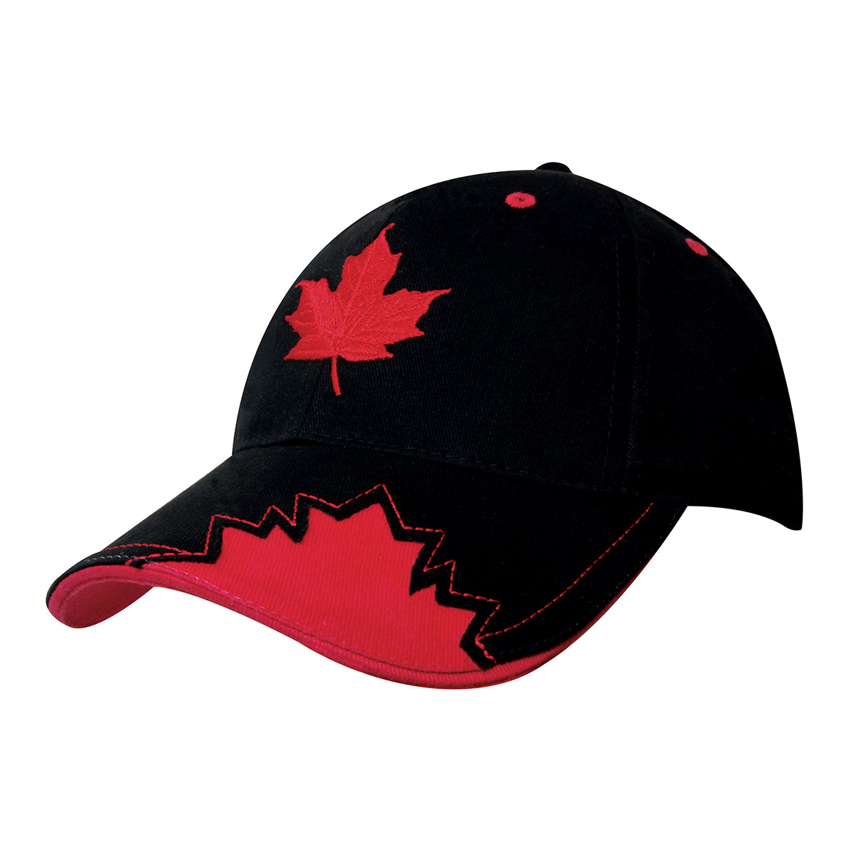 6 Panel Brushed Cotton Cap with Maple Leaf On Peak - Custom Embroidered